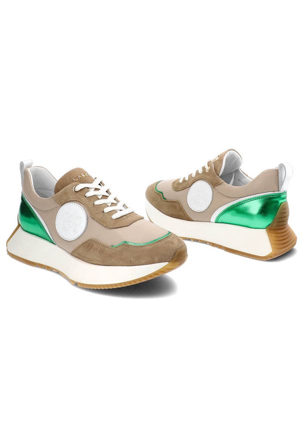 Beżowe Sneakersy Carinii Modne Buty Damskie. Kolor: beżowy. Materiał: zamsz, skóra. Szerokość cholewki: normalna. Obcas: na obcasie. Styl: sportowy. Wysokość obcasa: średni