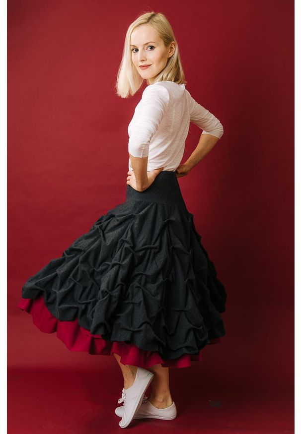 Hultaj Polski - Spódnica podwójnie spieniona damska midi amarant. Okazja: na co dzień. Materiał: tkanina, dzianina, materiał, bawełna, elastan. Styl: casual, boho