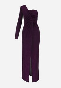 Born2be - Fioletowa Metaliczna Sukienka Maxi o Asymetrycznym Fasonie z Kopertowym Dekoltem Ozelbia. Kolor: fioletowy. Materiał: materiał. Długość rękawa: długi rękaw. Typ sukienki: asymetryczne, kopertowe. Długość: maxi #4