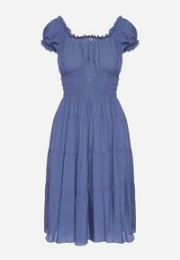 Born2be - Granatowa Bawełniana Rozkloszowana Sukienka z Guzikami i Bufiastymi Rękawami Annivi. Okazja: na co dzień. Kolor: niebieski. Materiał: bawełna. Styl: klasyczny, casual, elegancki #3