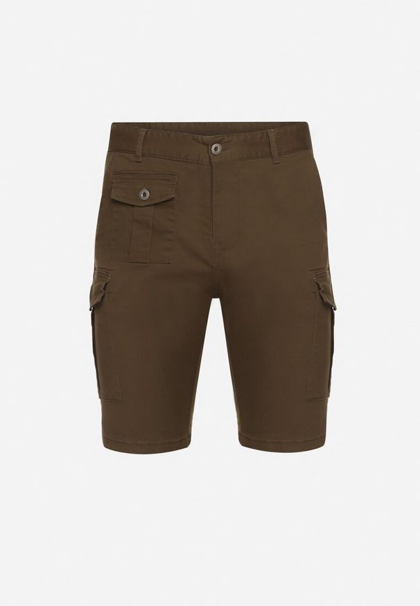 Born2be - Ciemnozielone Bawełniane Szorty Typu Bojówki z Kieszeniami Zapinanymi na Napy Tiasola. Okazja: na co dzień. Kolor: zielony. Materiał: bawełna. Sezon: lato. Styl: casual