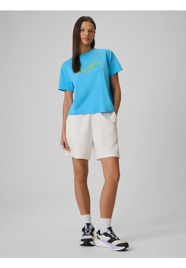 4f - 4F T-shirt boxy z nadrukiem damski - niebieski XS. Okazja: na co dzień. Kolor: niebieski. Materiał: dzianina, bawełna, materiał. Wzór: nadruk. Styl: casual