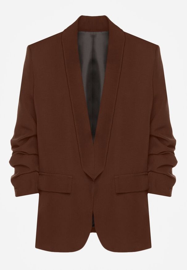 Born2be - Jasnobrązowa Niezapinana Marynarka Pudełkowa z Wiskozą z Marszczonymi Rękawami Feniravia. Okazja: do pracy, na spotkanie biznesowe. Kolor: brązowy. Materiał: wiskoza. Styl: biznesowy