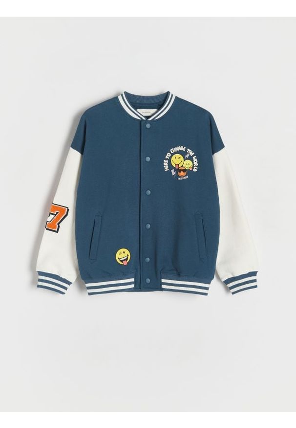Reserved - Bawełniana bluza bomber SmileyWorld® - granatowy. Kolor: niebieski. Materiał: bawełna