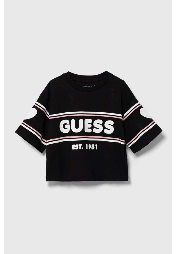 Guess t-shirt bawełniany dziecięcy kolor czarny. Okazja: na co dzień. Kolor: czarny. Materiał: bawełna. Długość rękawa: krótki rękaw. Długość: krótkie. Styl: casual, klasyczny