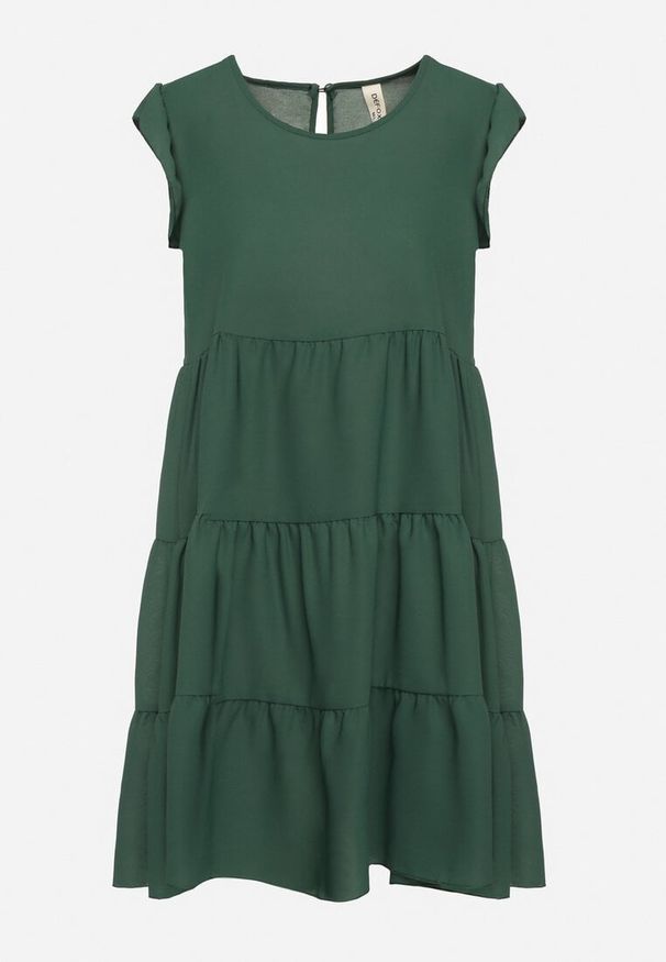 Born2be - Ciemnozielona Rozkloszowana Sukienka z Falbankami Zapinana przy Szyi Rettesa. Okazja: na co dzień. Typ kołnierza: kołnierz z falbankami. Kolor: zielony. Materiał: wiskoza. Sezon: lato. Styl: casual, elegancki