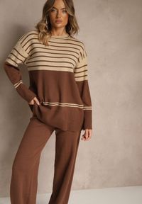 Renee - Brązowy Komplet z Dzianiny z Wełną Pasiasty Sweter i Spodnie Ralleia. Kolor: brązowy. Materiał: dzianina, wełna. Wzór: paski