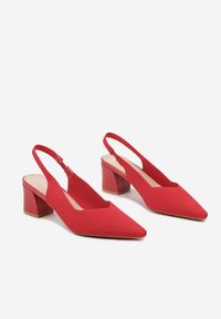 Renee - Czerwone Czółenka na Słupku Typu Slingback Fonnaria. Zapięcie: pasek. Kolor: czerwony. Wzór: aplikacja. Sezon: lato. Obcas: na słupku. Styl: klasyczny, elegancki, wizytowy. Wysokość obcasa: średni #5