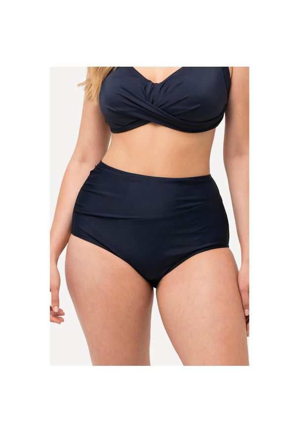 ULLA POPKEN - Damski Dół od bikini drapowanie wysoki stan. Kolekcja: plus size. Kolor: niebieski. Materiał: poliester, elastan, poliamid, materiał
