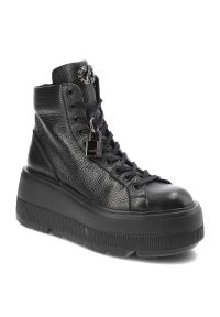 Czarne Sneakersy Carinii Damskie Buty Na Platformie. Kolor: czarny. Materiał: jeans, skóra. Obcas: na platformie. Styl: elegancki. Wysokość obcasa: średni