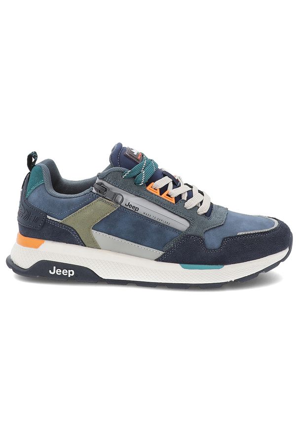 Granatowe Sneakersy Jeep Stylowe Obuwie Męskie. Okazja: na co dzień. Kolor: niebieski. Materiał: materiał, skóra. Szerokość cholewki: normalna. Sport: turystyka piesza