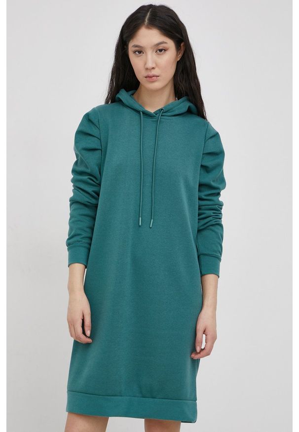 only - Only Sukienka kolor szary mini prosta. Okazja: na co dzień. Typ kołnierza: kaptur. Kolor: szary. Wzór: gładki. Typ sukienki: proste. Materiał: dzianina. Długość rękawa: długi rękaw. Styl: casual. Długość: mini