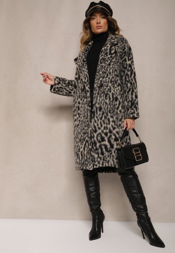 Renee - Szary Panterkowy Płaszcz Dwurzędowy Pesaltia. Okazja: na co dzień. Kolor: szary. Materiał: skóra. Sezon: jesień. Styl: casual, klasyczny