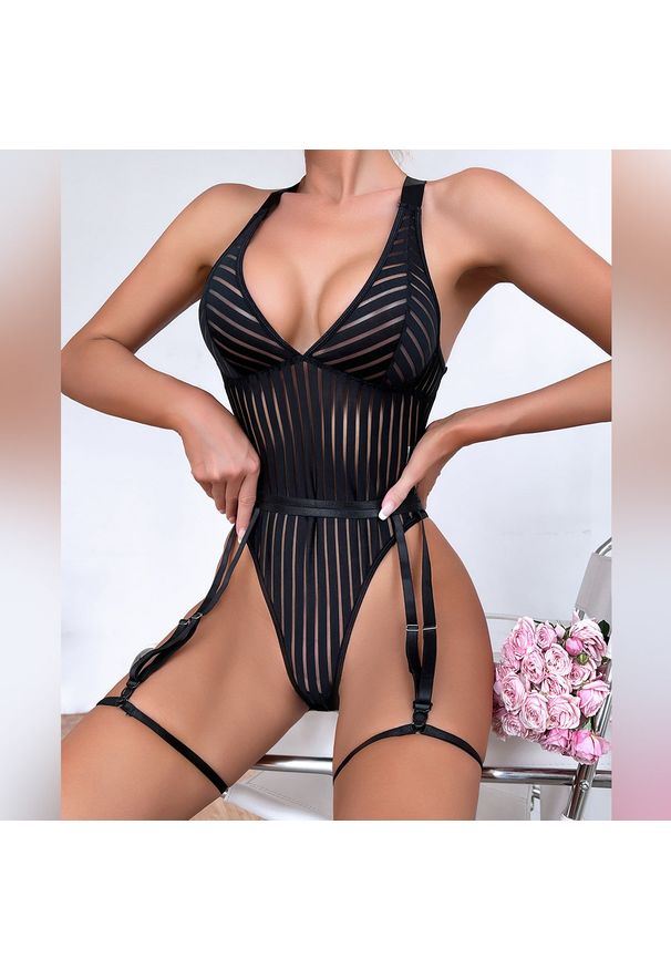 Intica - Body z pasem do pończoch na romantyczne wieczory Annelotte. Kolor: czarny. Materiał: materiał