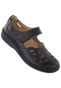Skórzane komfortowe półbuty damskie ażurowe na rzep czarne Helios 4043.011. Zapięcie: rzepy. Kolor: czarny. Materiał: skóra. Wzór: ażurowy #1