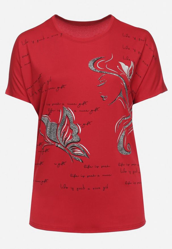 Born2be - Bordowy T-shirt Ozdobiony Cyrkoniami i Nadrukiem Wallilena. Okazja: na co dzień. Kolor: czerwony. Wzór: aplikacja, nadruk. Styl: casual