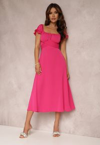 Renee - Fuksjowa Sukienka Perolis. Kolor: różowy. Materiał: tkanina. Długość rękawa: krótki rękaw. Wzór: gładki, jednolity. Styl: wizytowy. Długość: midi