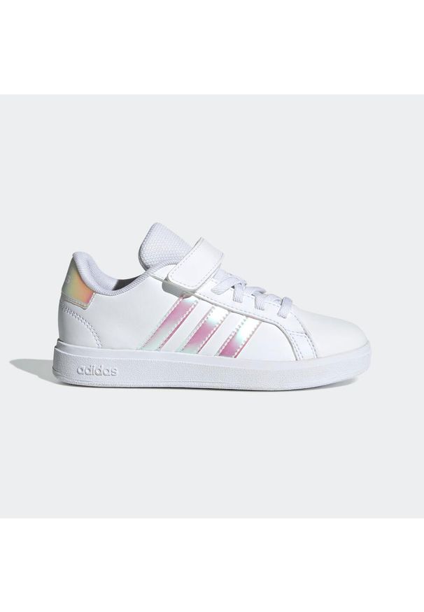 Adidas - Buty dla dzieci ADIDAS Grand Court. Zapięcie: rzepy. Kolor: biały, wielokolorowy, różowy. Materiał: guma, materiał, kauczuk, syntetyk. Szerokość cholewki: normalna