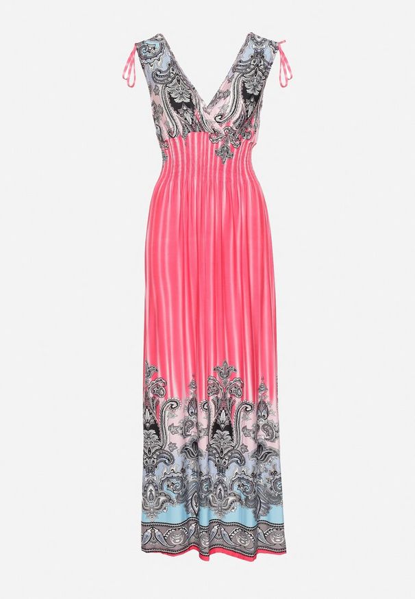 Born2be - Różowa Sukienka z Troczkami w Ramionach Rozkloszowana z Dekoltem w V Araxeda. Typ kołnierza: dekolt w kształcie V. Kolor: różowy. Sezon: lato. Styl: elegancki