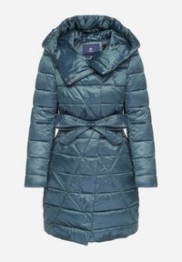 Born2be - Niebieska Długa Pikowana Kurtka z Kapturem Wiązana w Talii Ansibel. Okazja: na co dzień. Typ kołnierza: kaptur. Kolor: niebieski. Długość: długie. Styl: casual, elegancki #2