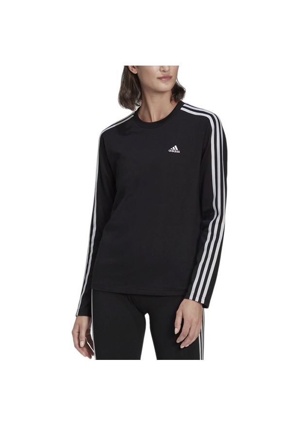 Adidas - Koszulka adidas Sportswear Essentials 3-Stripes Long Sleeve HF7261 - czarna. Kolor: czarny. Materiał: bawełna, materiał. Długość rękawa: długi rękaw. Długość: długie. Wzór: paski, aplikacja