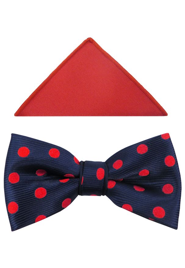 Modini - Granatowa mucha męska w czerwone kropki A217. Kolor: wielokolorowy, czerwony, niebieski. Materiał: poliester, tkanina. Wzór: kropki. Styl: elegancki