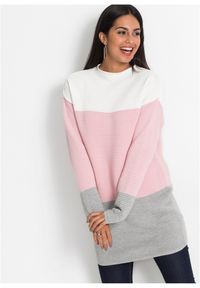 bonprix - Długi sweter w paski. Typ kołnierza: kołnierzyk stójkowy. Kolor: biały. Materiał: dzianina. Długość: długie. Wzór: paski. Styl: elegancki #1