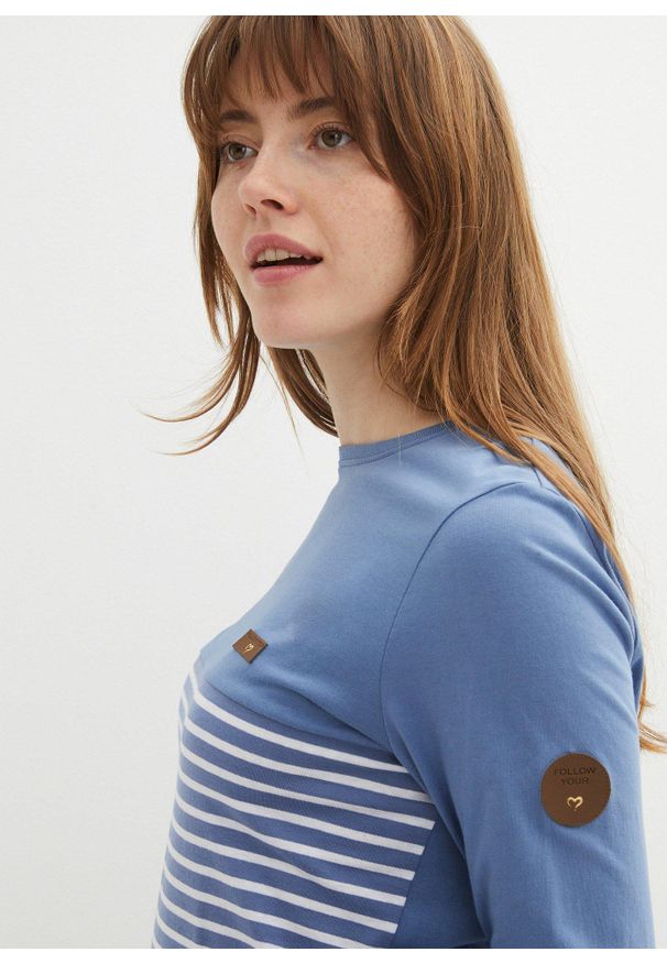 bonprix - Shirt z długim rękawem w paski, ze zrównoważonej bawełny. Kolor: niebieski. Materiał: bawełna. Długość rękawa: długi rękaw. Długość: długie. Wzór: paski