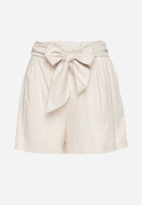 Born2be - Beżowe Bawełniane Szorty z Gumką w Pasie i Paskami po Bokach Fotina. Kolor: beżowy. Materiał: bawełna. Styl: elegancki