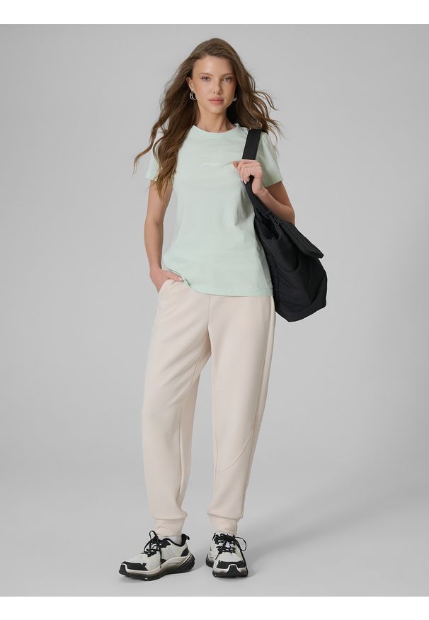 4f - 4F T-shirt slim z nadrukiem damski - miętowy XS. Okazja: na co dzień. Kolor: turkusowy. Materiał: materiał, jeans. Wzór: nadruk. Styl: casual