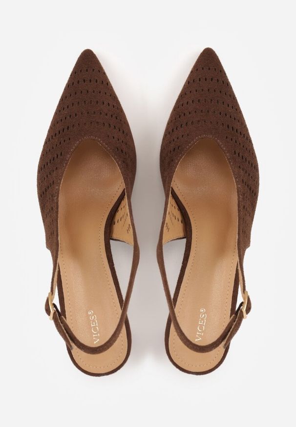 Renee - Ciemnobrązowe Czółenka Slingback VICES na Kaczuszce z Ażurową Cholewką Klephei. Okazja: na co dzień. Nosek buta: szpiczasty. Kolor: brązowy. Szerokość cholewki: normalna. Wzór: ażurowy. Materiał: jeans, satyna. Obcas: na szpilce. Styl: retro, casual, elegancki. Wysokość obcasa: średni
