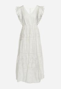 Born2be - Biała Koronkowa Sukienka Maxi o Rozkloszowanym Fasonie z Falbankami Wilea. Typ kołnierza: kołnierz z falbankami. Kolor: biały. Materiał: koronka. Wzór: haft. Długość: maxi #6