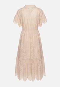 Born2be - Beżowa Haftowana Sukienka z Bawełny z Guzikami i Gumką w Talii Melliara. Okazja: na spacer, na imprezę. Typ kołnierza: dekolt w kształcie V. Kolor: beżowy. Materiał: bawełna. Długość rękawa: krótki rękaw. Wzór: haft. Sezon: lato. Styl: klasyczny, boho #7