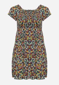 Born2be - Czarno-Zielona Wiskozowa Sukienka w Kwiaty Typu Hiszpanka z Gumką w Talii Revemia. Typ kołnierza: dekolt hiszpanka. Kolor: czarny. Materiał: wiskoza. Wzór: kwiaty. Sezon: wiosna. Typ sukienki: z odkrytymi ramionami #6