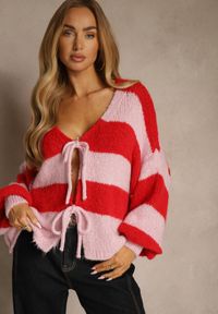 Renee - Czerwony Oversizowy Kardigan w Paski z Wiązaniem z Domieszką Wełny i Wiskozy Retile. Kolor: czerwony. Materiał: wełna, wiskoza. Wzór: paski #3