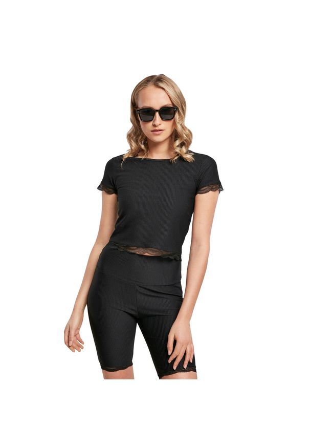 Damska koszulka w dużych rozmiarach Urban Classics Cropped Lace Hem. Kolor: czarny. Materiał: koronka. Długość: krótkie