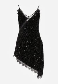 Born2be - Czarna Sukienka o Asymetrycznym Kroju z Cekinami i Koronką Eldafera. Kolor: czarny. Materiał: koronka. Długość rękawa: na ramiączkach. Wzór: koronka. Typ sukienki: asymetryczne. Styl: elegancki #7