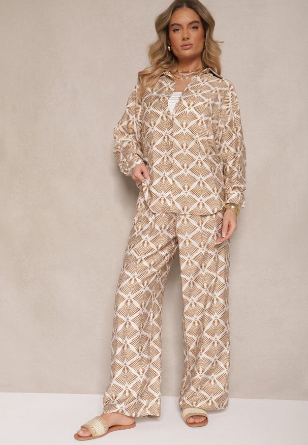 Renee - Beżowo-Brązowy Komplet z Wiskozy Koszula i Spodnie w Ornamentalny Print Desanelia. Kolor: beżowy. Materiał: wiskoza. Wzór: nadruk