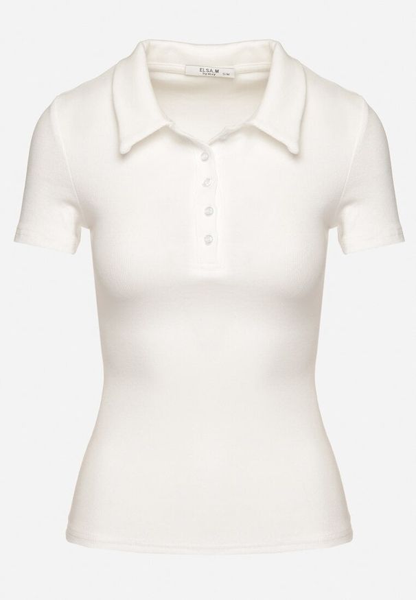 Born2be - Biały Bawełniany T-shirt Prążkowany Typu Polo z Guzikami Avelavia. Okazja: na co dzień. Typ kołnierza: polo. Kolor: biały. Materiał: bawełna, prążkowany. Styl: klasyczny, casual