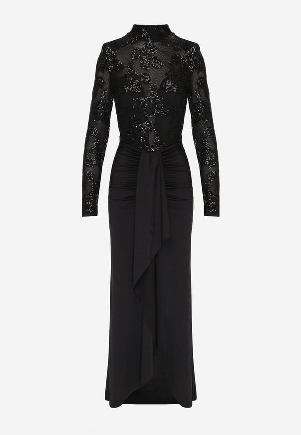 Born2be - Czarna Cekinowa Sukienka Wieczorowa z Półgolfem i Trenem Eylnore. Okazja: na imprezę. Kolor: czarny. Wzór: aplikacja. Styl: wizytowy