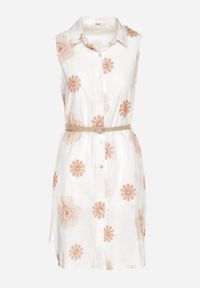 Born2be - Jasnobeżowa Bawełniana Sukienka Koszulowa w Haftowane Kwiaty z Paskiem z Klamrą Turivana. Okazja: na co dzień. Kolor: beżowy. Materiał: bawełna. Wzór: kwiaty, haft. Typ sukienki: koszulowe. Styl: klasyczny, casual, elegancki #3