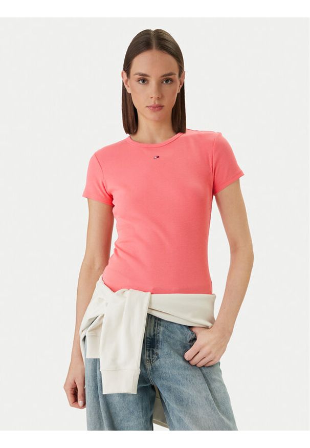 Tommy Jeans T-Shirt DW0DW17383 Różowy Slim Fit. Kolor: różowy. Materiał: bawełna