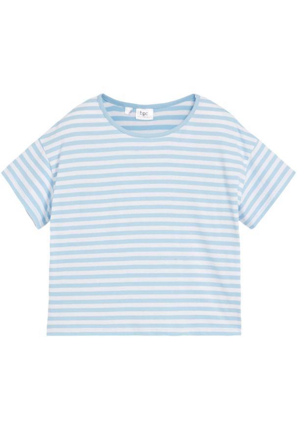 bonprix - T-shirt dziewczęcy z bawełny organicznej. Kolor: niebieski. Materiał: bawełna. Wzór: paski