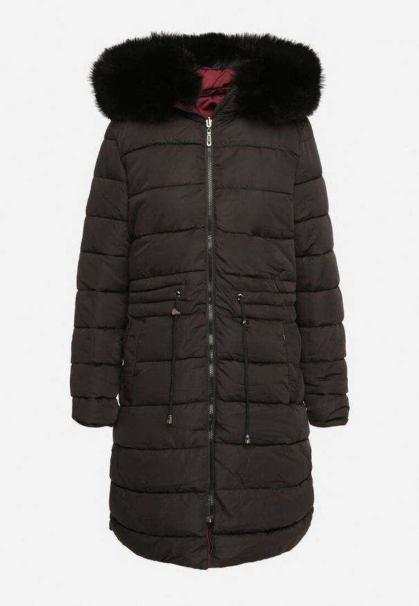 Born2be - Bordowa Dwustronna Kurtka za Kolano z Kapturem z Futerkiem Zephyro. Typ kołnierza: kaptur. Kolor: czerwony. Materiał: futro. Długość: długie. Wzór: aplikacja, gładki