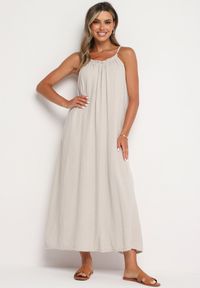 Born2be - Beżowa Muślinowa Bawełniana Sukienka na Cienkich Regulowanych Ramiączkach z Wiązaniem Natalbea. Okazja: na co dzień. Kolor: beżowy. Materiał: bawełna. Długość rękawa: na ramiączkach. Sezon: lato. Typ sukienki: proste. Styl: boho, casual, wizytowy #5