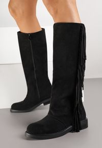 Born2be - Czarne Kozaki w Stylu Boho z Imitacji Zamszu z Frędzlami Vemirina. Okazja: na co dzień. Kolor: czarny. Materiał: zamsz. Obcas: na płaskiej podeszwie. Styl: boho #5