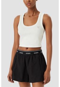 Guess - GUESS Biały krótki damski tank top Silvy Rib, Rozmiar L. Okazja: na co dzień. Kolor: biały. Materiał: materiał, prążkowany. Długość: krótkie. Sezon: lato. Styl: elegancki, casual #1