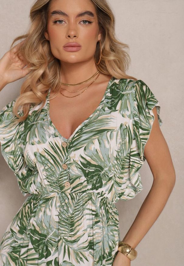Renee - Zielona Sukienka o Rozkloszowanym Fasonie z Bawełny w Liście Lanadena. Okazja: na co dzień. Kolor: zielony. Materiał: bawełna. Długość rękawa: krótki rękaw. Sezon: lato. Typ sukienki: rozkloszowane. Styl: casual