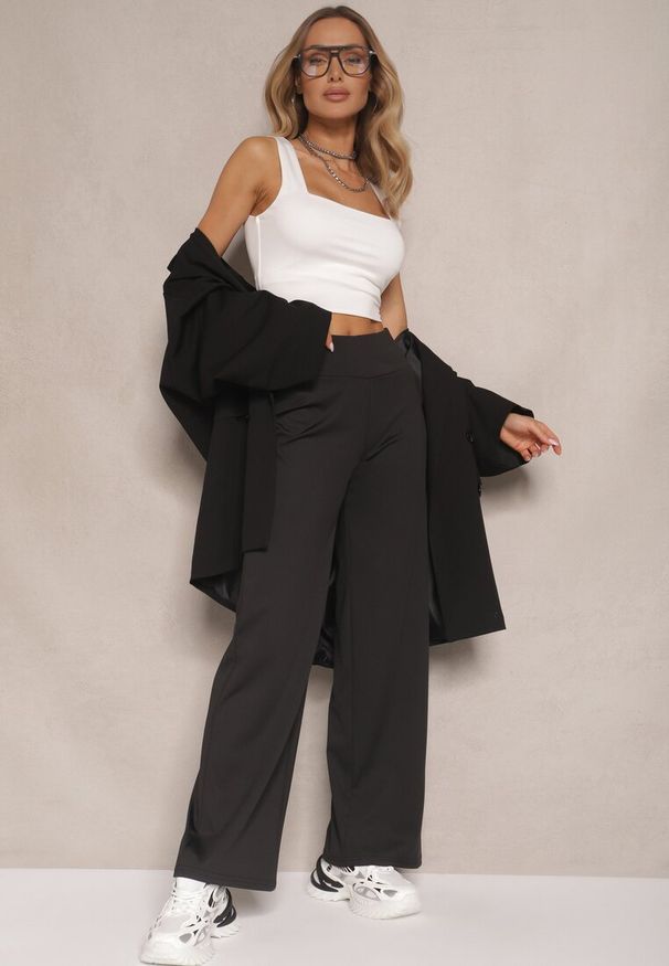 Renee - Czarne Spodnie z Bawełną o Szerokim Kroju High Waist Efleria. Okazja: na co dzień. Stan: podwyższony. Kolor: czarny. Materiał: bawełna. Sezon: lato, wiosna. Styl: elegancki, casual
