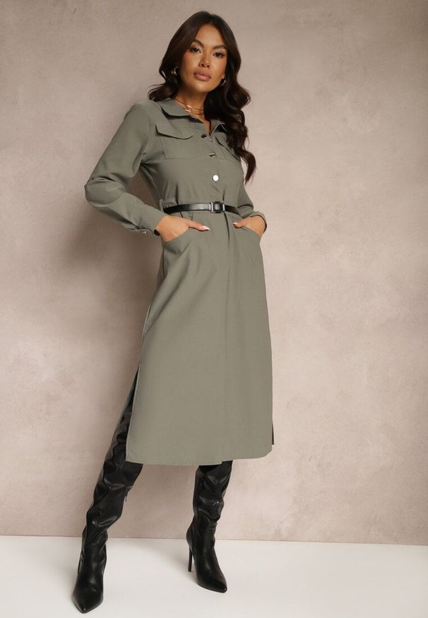 Renee - Ciemnoszara Koszulowa Sukienka z Ozdobnym Paskiem i Rozcięciami Ciarira. Okazja: na co dzień. Kolor: szary. Materiał: skóra. Typ sukienki: koszulowe. Styl: casual, elegancki